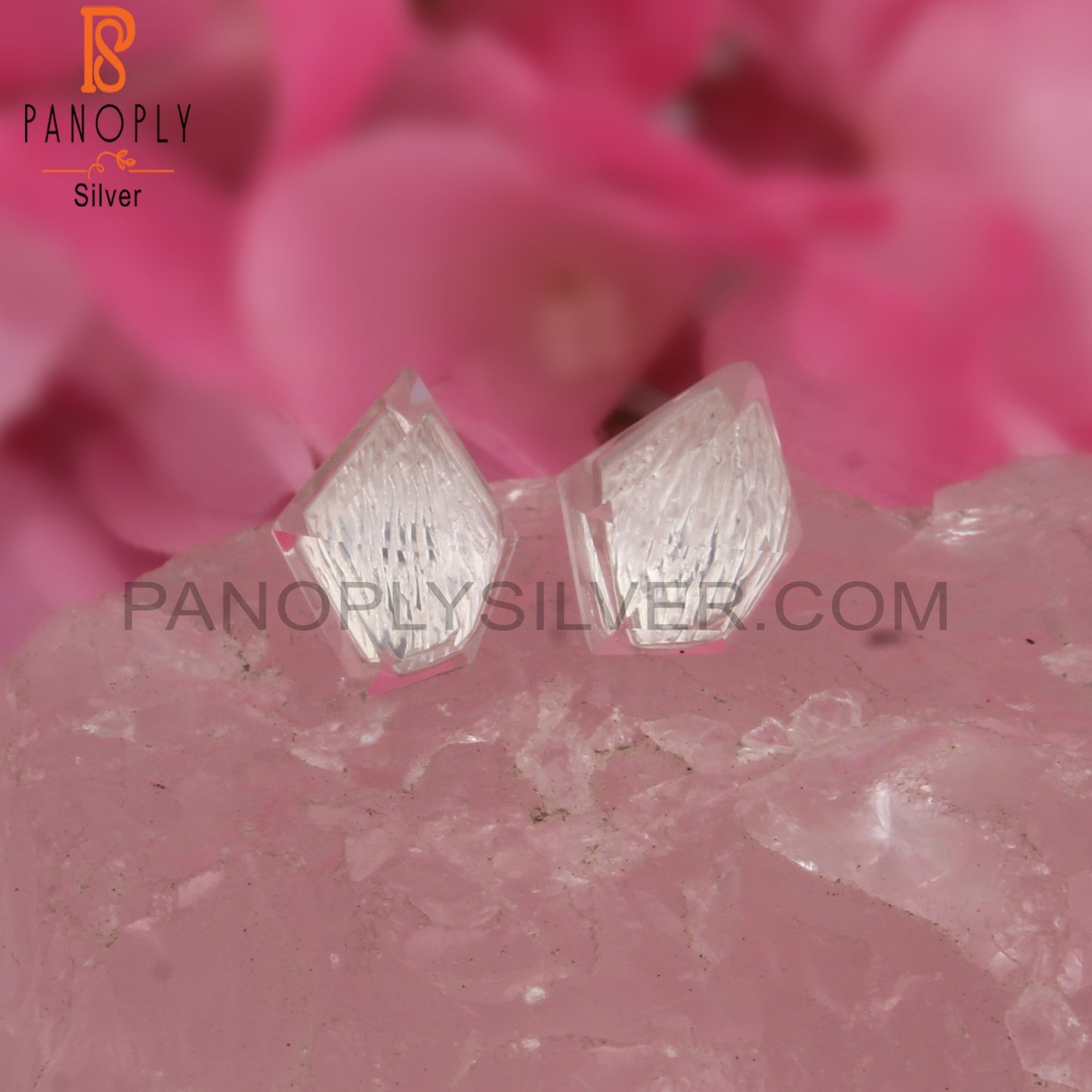 Crystal Quartz Pentagon Shape Natural Silver Studs Earrings
