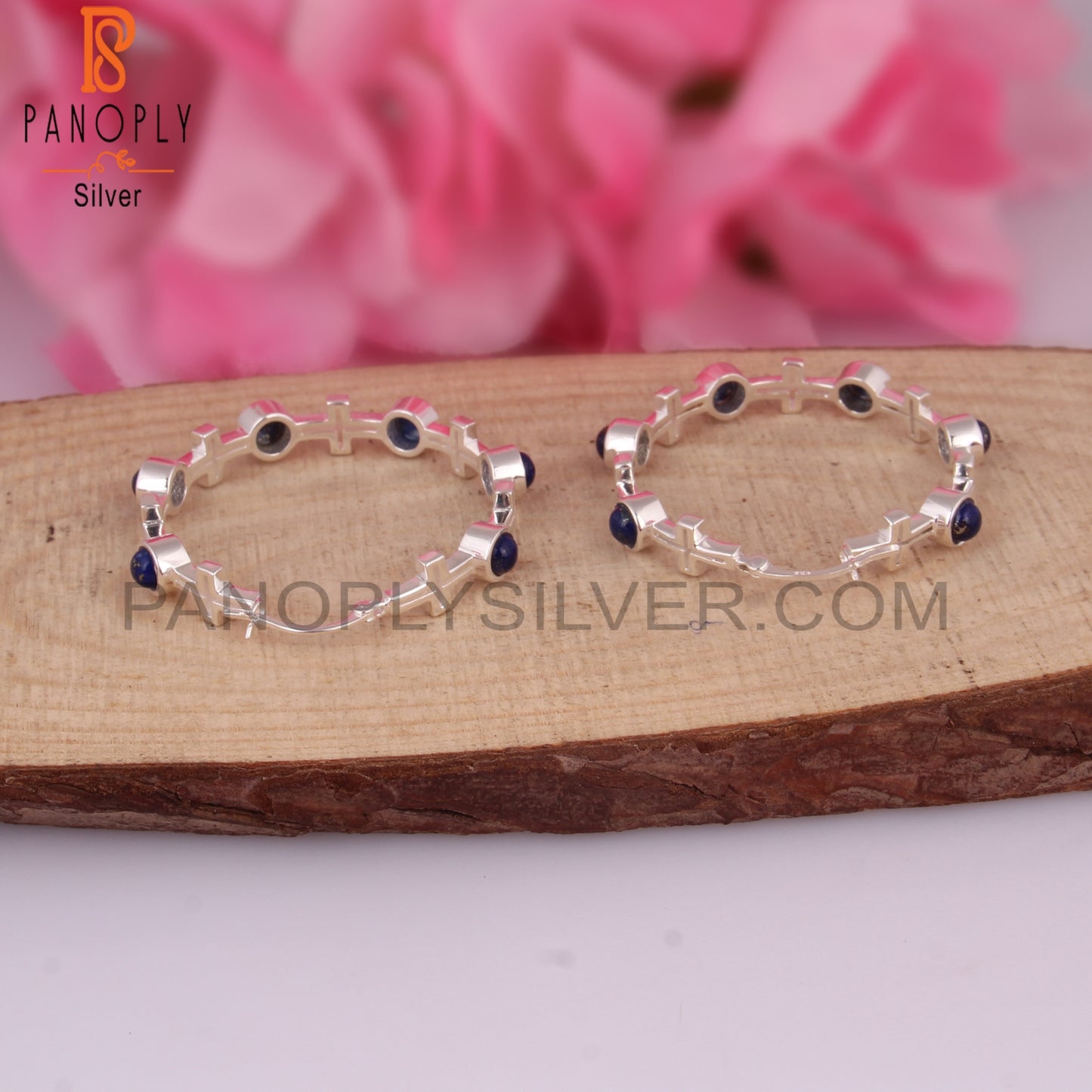 Lapis Round Shape 925 Sterling Silver Hoop Studs Earrings