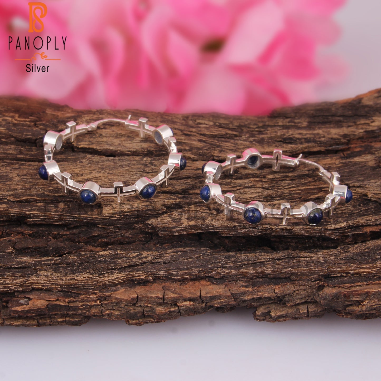 Lapis Round Shape 925 Sterling Silver Hoop Studs Earrings