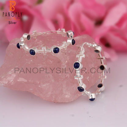 Lapis Round Shape 925 Sterling Silver Hoop Studs Earrings