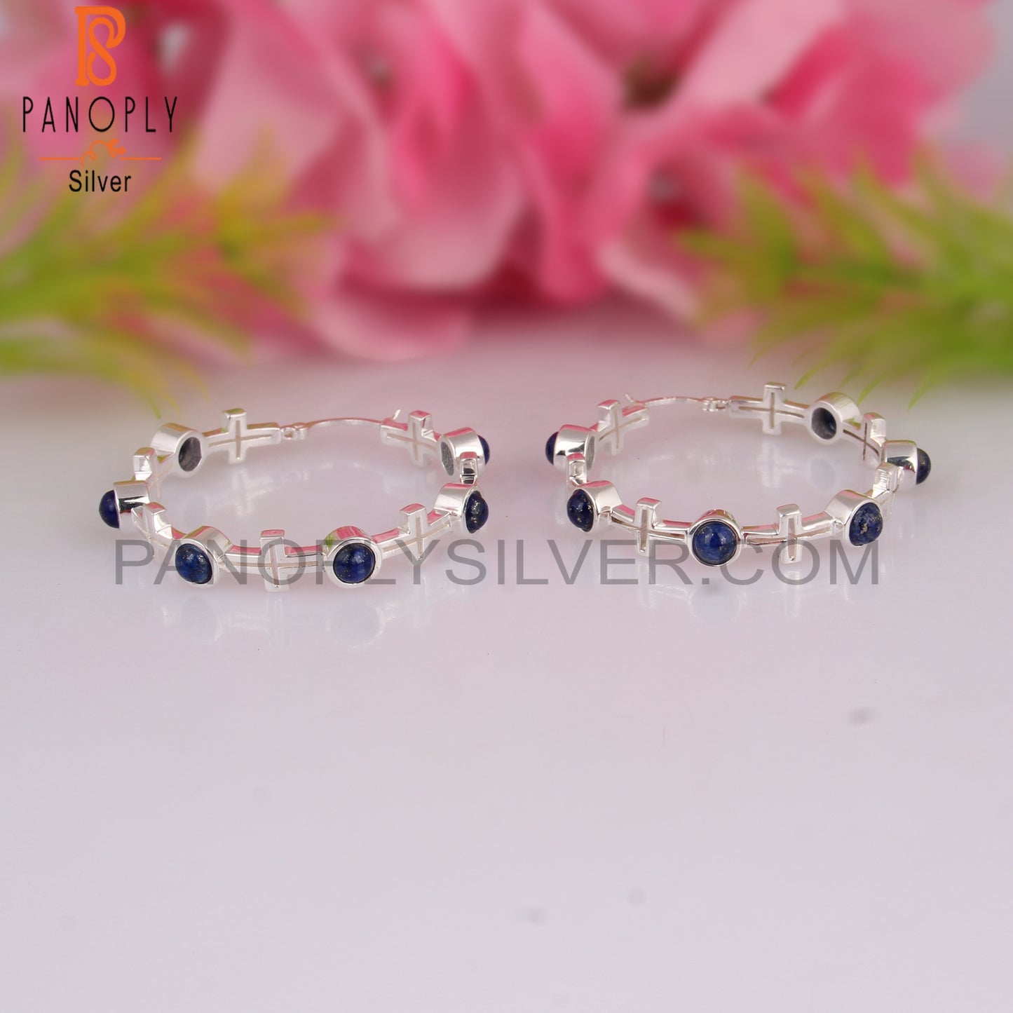Lapis Round Shape 925 Sterling Silver Hoop Studs Earrings