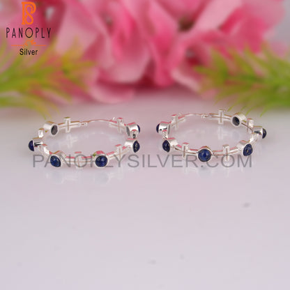 Lapis Round Shape 925 Sterling Silver Hoop Studs Earrings