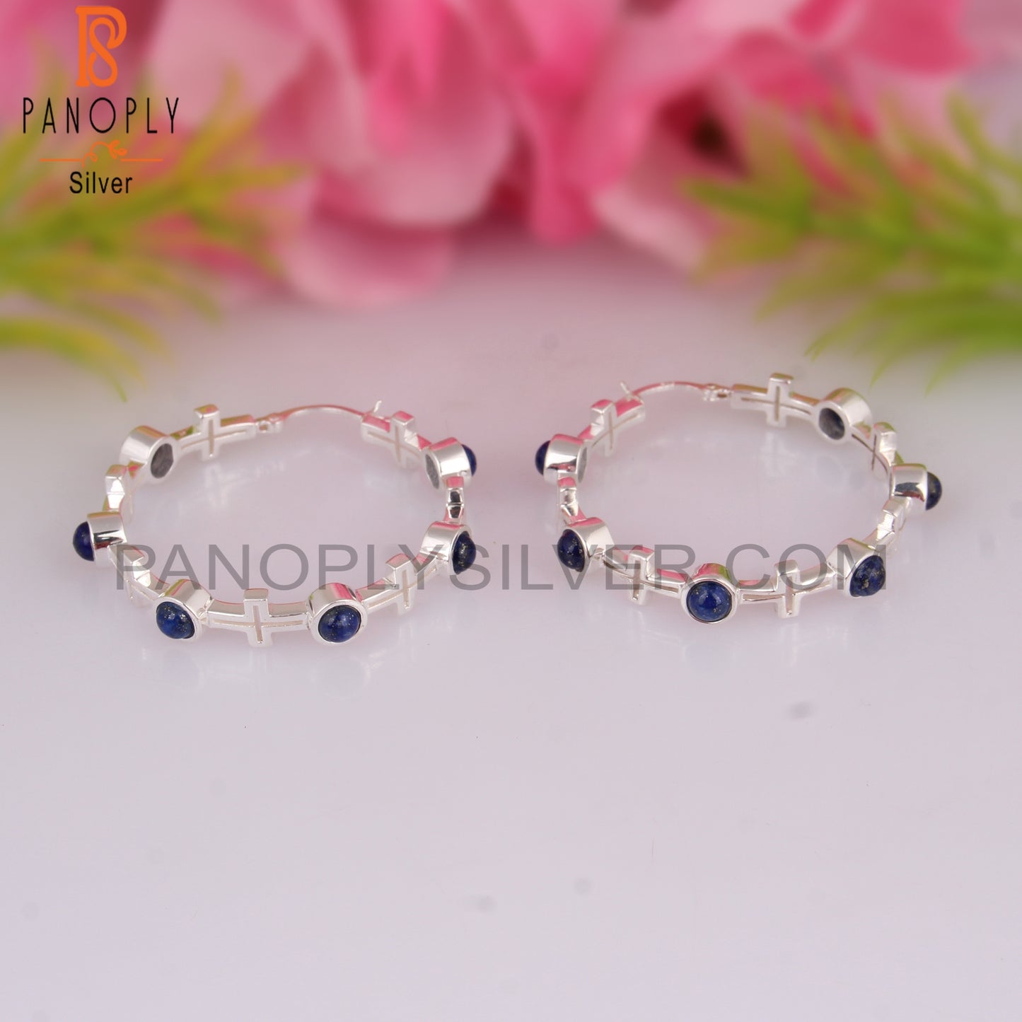 Lapis Round Shape 925 Sterling Silver Hoop Studs Earrings