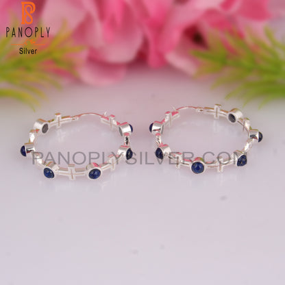 Lapis Round Shape 925 Sterling Silver Hoop Studs Earrings