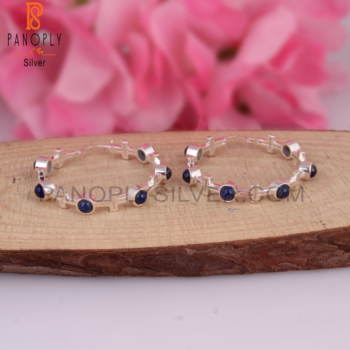 Lapis Round Shape 925 Sterling Silver Hoop Studs Earrings