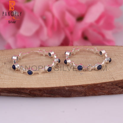 Lapis Round Shape 925 Sterling Silver Hoop Studs Earrings