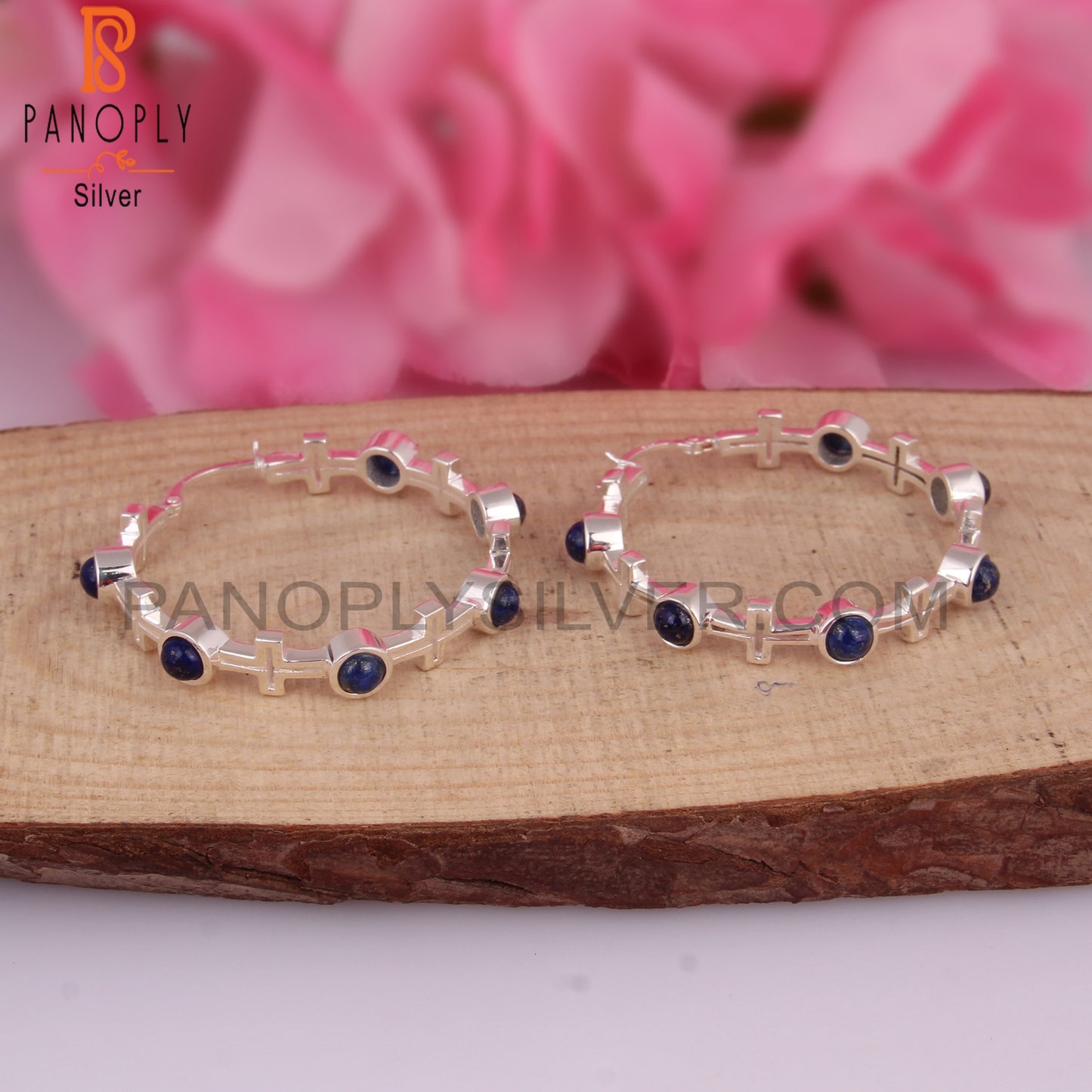 Lapis Round Shape 925 Sterling Silver Hoop Studs Earrings