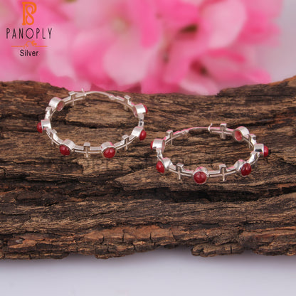 Ruby Natural Corundum 925 Silver Hoop Studs Earrings