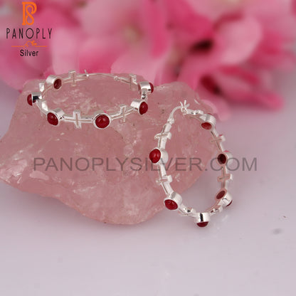 Ruby Natural Corundum 925 Silver Hoop Studs Earrings