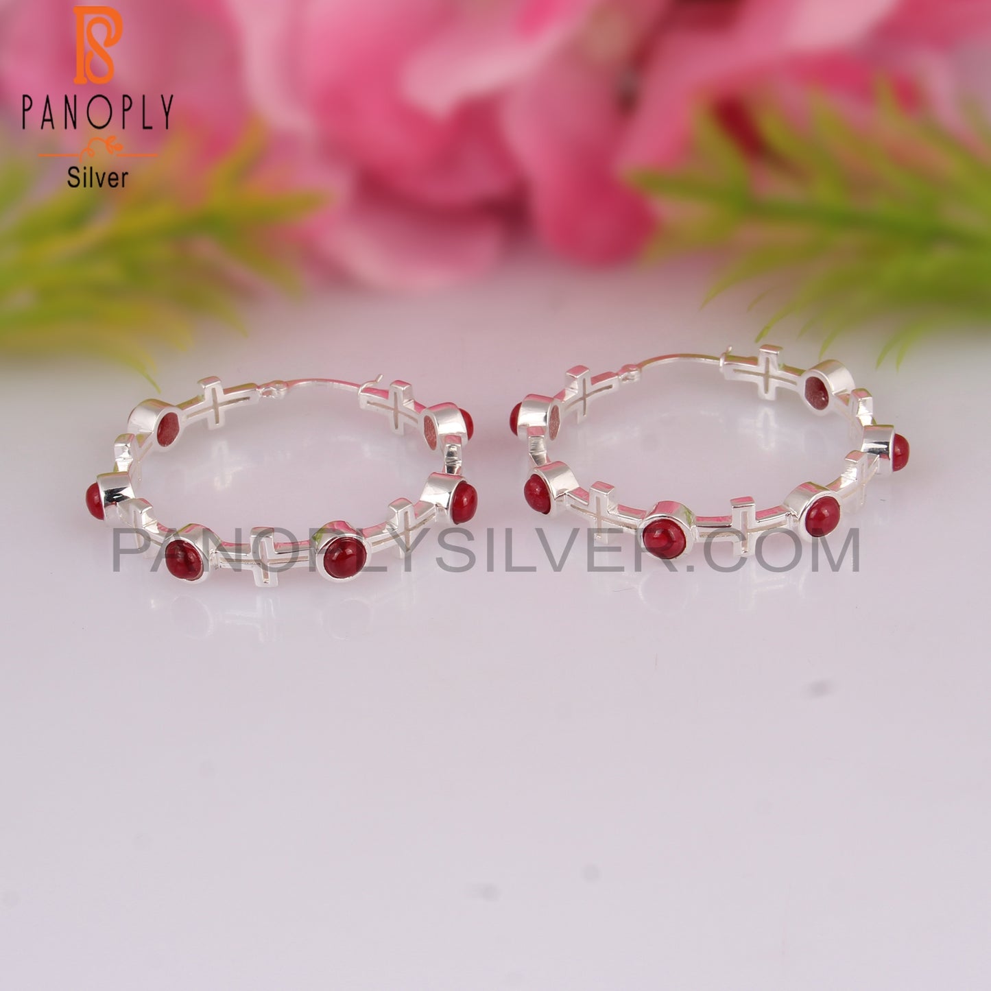 Ruby Natural Corundum 925 Silver Hoop Studs Earrings