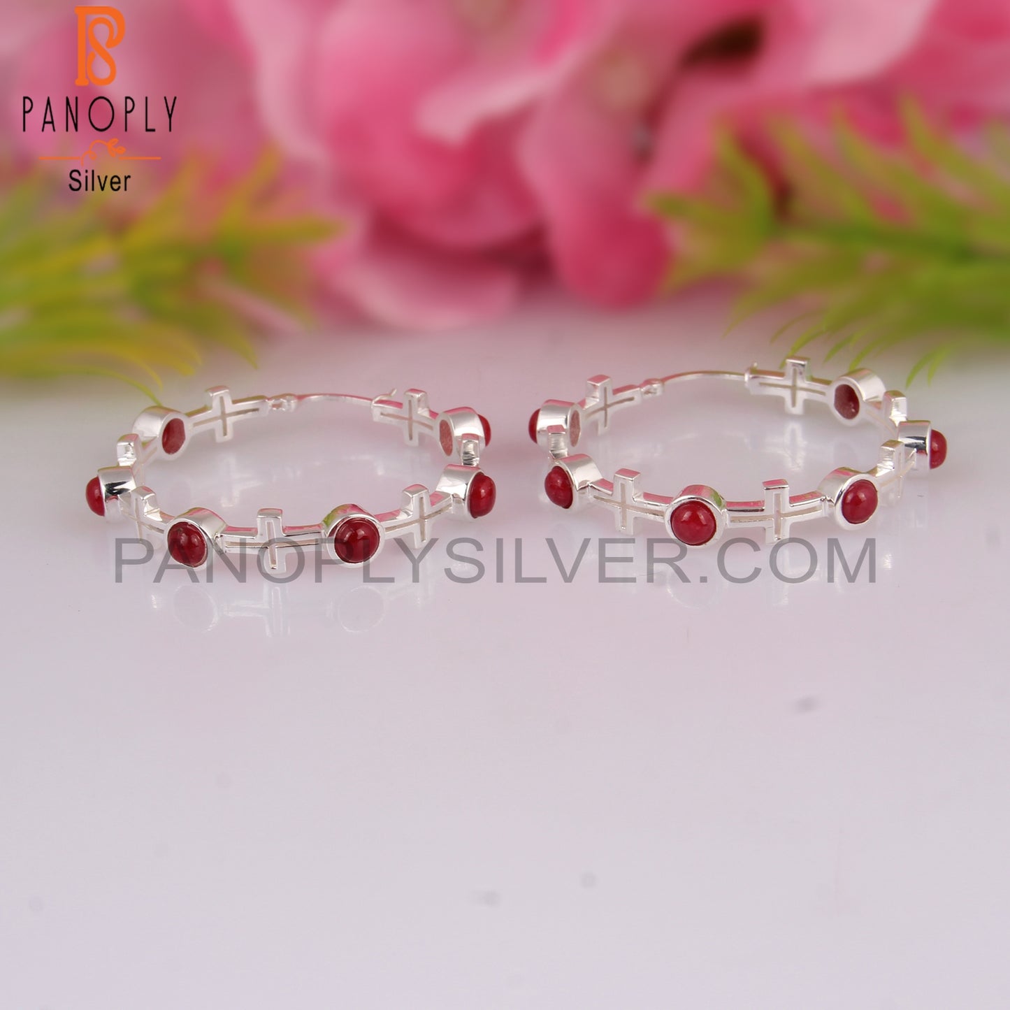 Ruby Natural Corundum 925 Silver Hoop Studs Earrings
