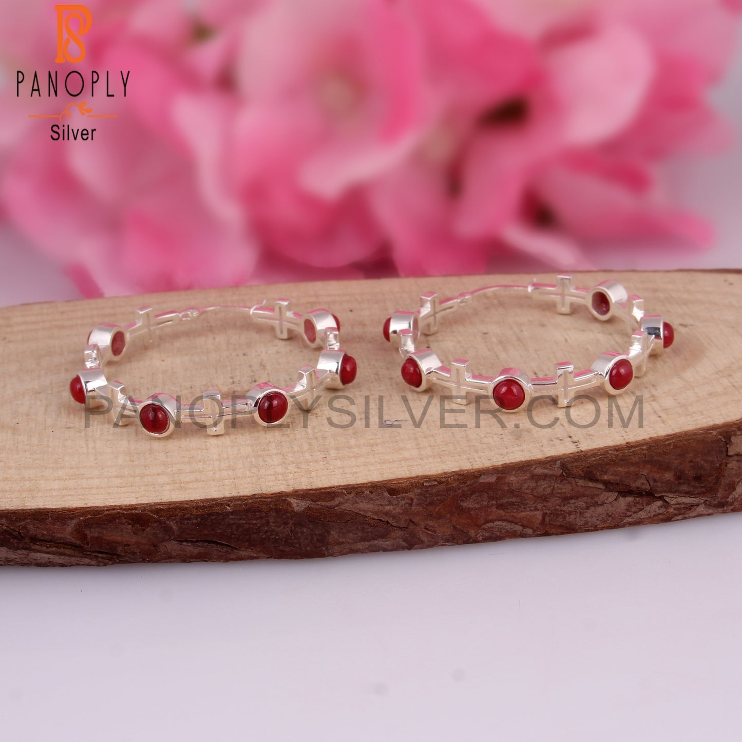 Ruby Natural Corundum 925 Silver Hoop Studs Earrings