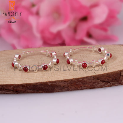 Ruby Natural Corundum 925 Silver Hoop Studs Earrings
