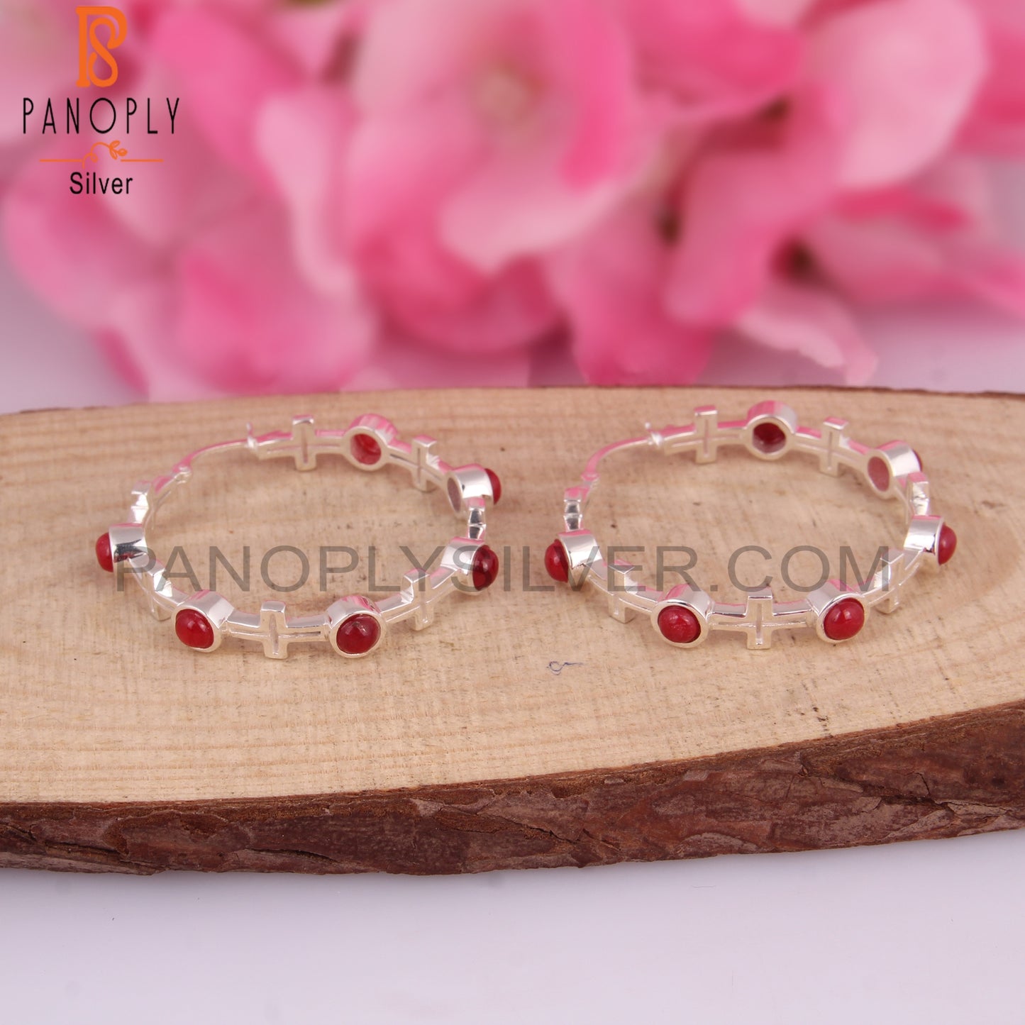 Ruby Natural Corundum 925 Silver Hoop Studs Earrings