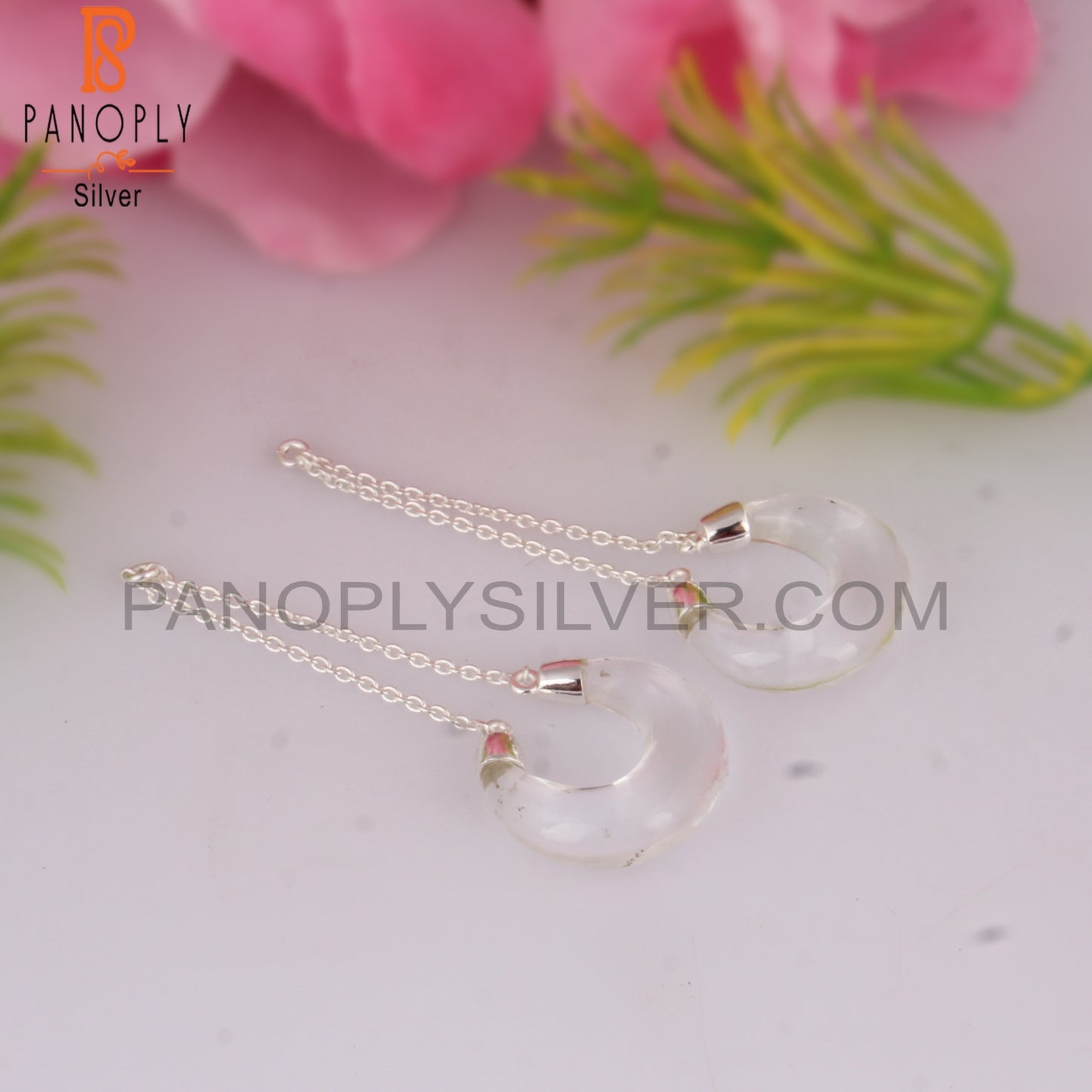 Crystal Quartz Moon Shape 925 Sterling Silver Earrings