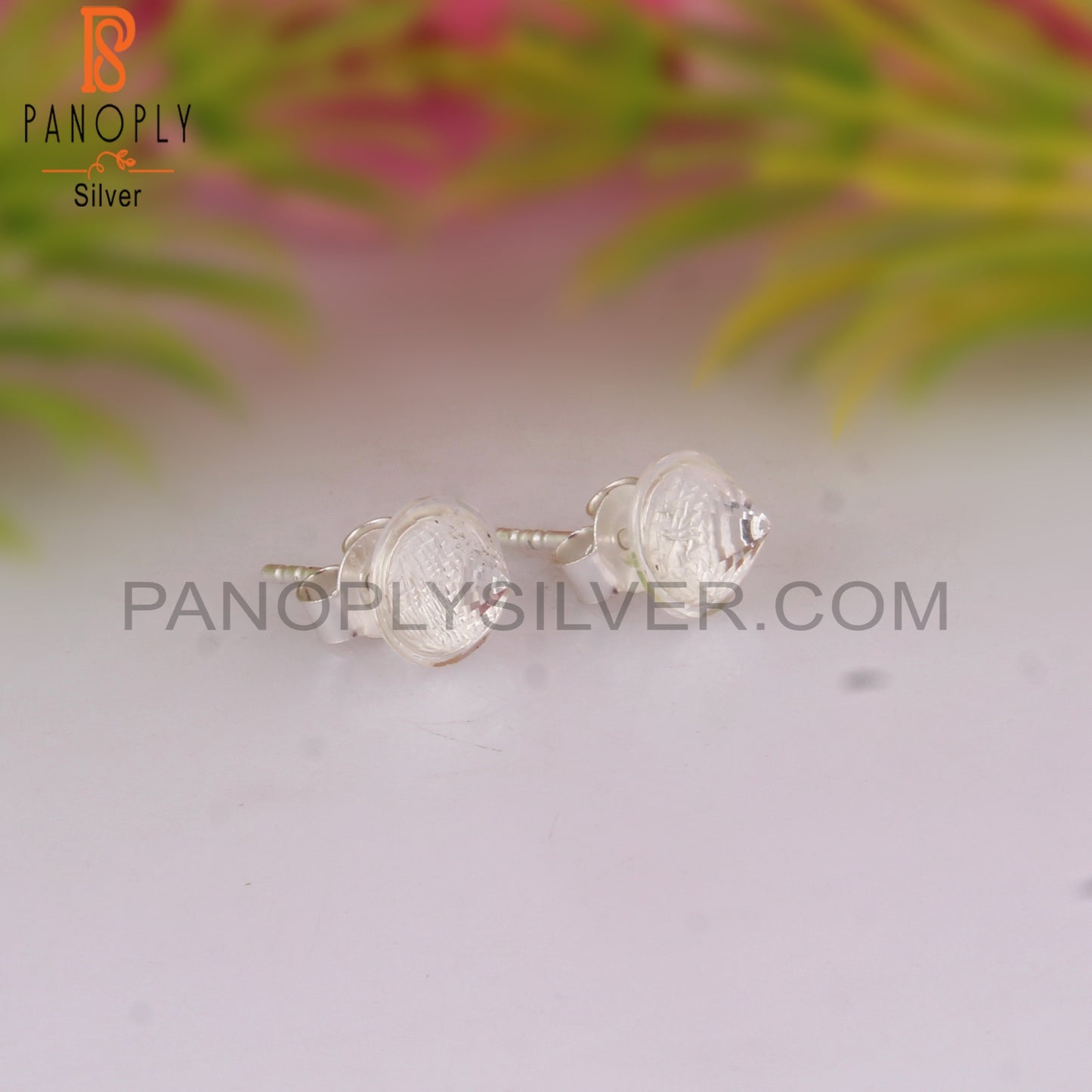 Crystal Quartz Round 925 Silver Studs Earrings for Daily Wear
