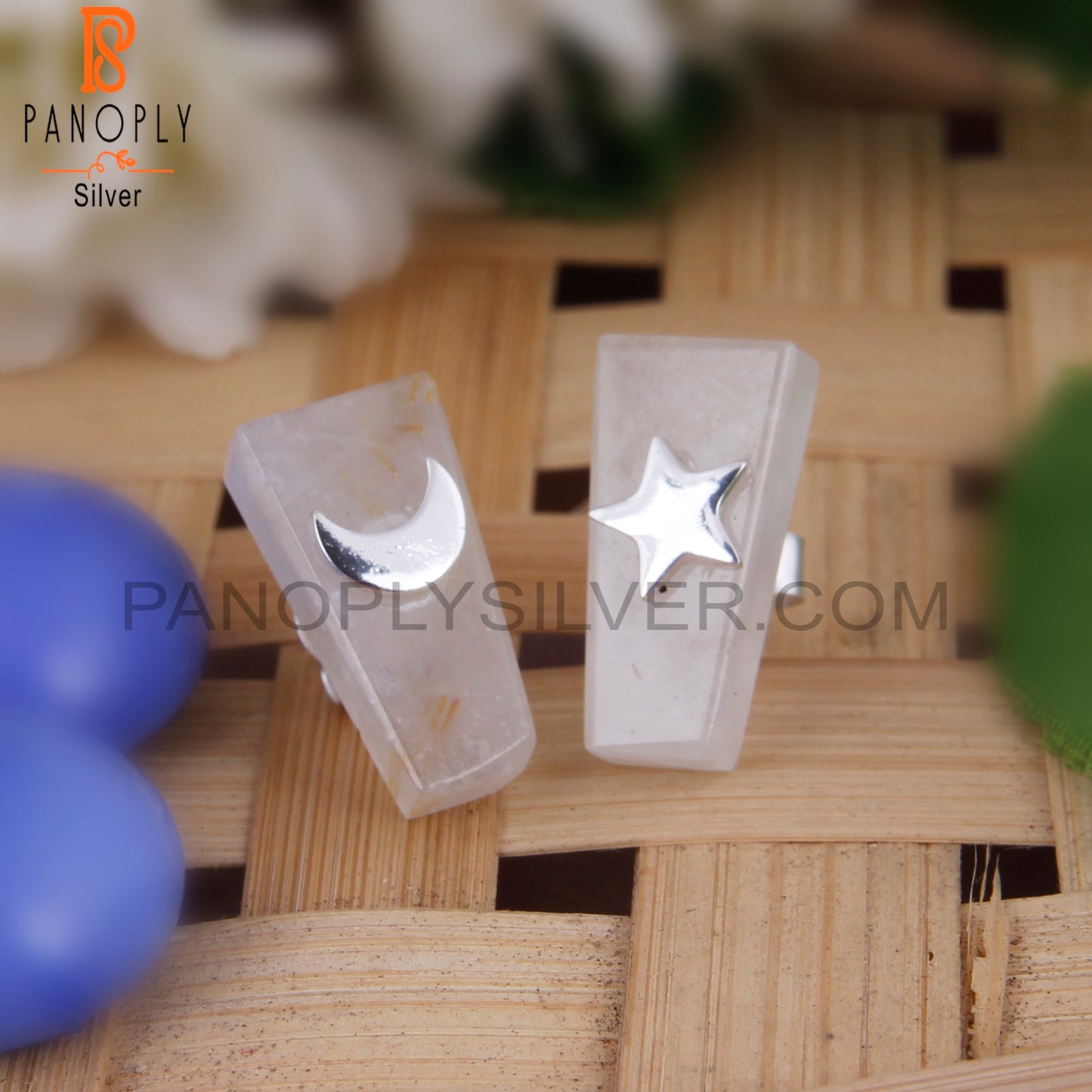 Golden Rutile Taper 925 Silver Star and Moon Studs Earrings
