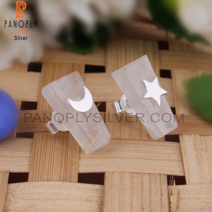 Golden Rutile Taper 925 Silver Star and Moon Studs Earrings