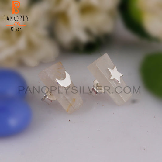 Golden Rutile Taper 925 Silver Star and Moon Studs Earrings