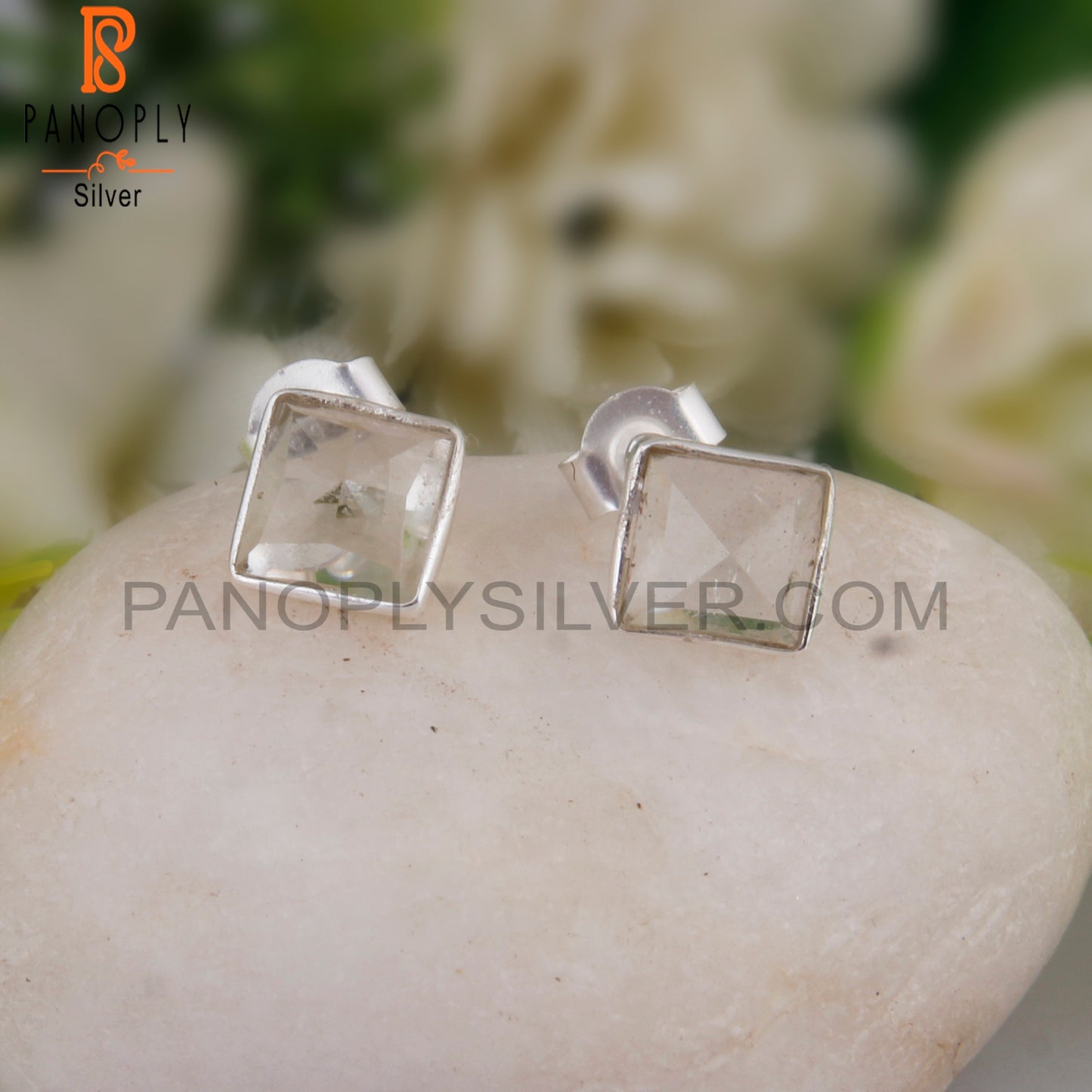 Green Amethyst Natural Square Sterling Silver Studs Earrings