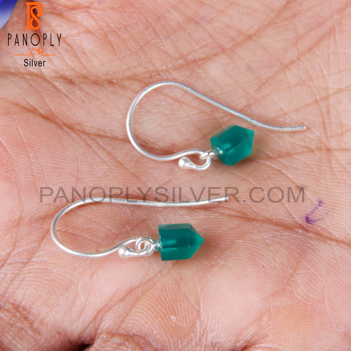 Green Onyx Bullet Pointed Shape 925 Silver Dangle Earrings