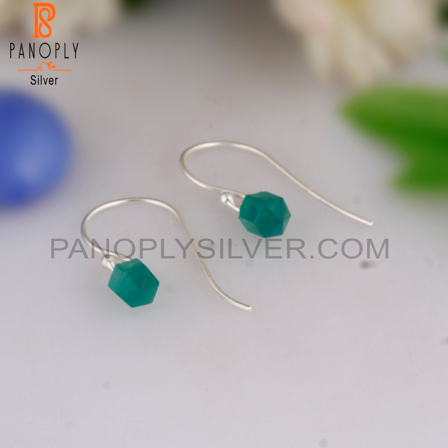 Green Onyx Bullet Pointed Shape 925 Silver Dangle Earrings