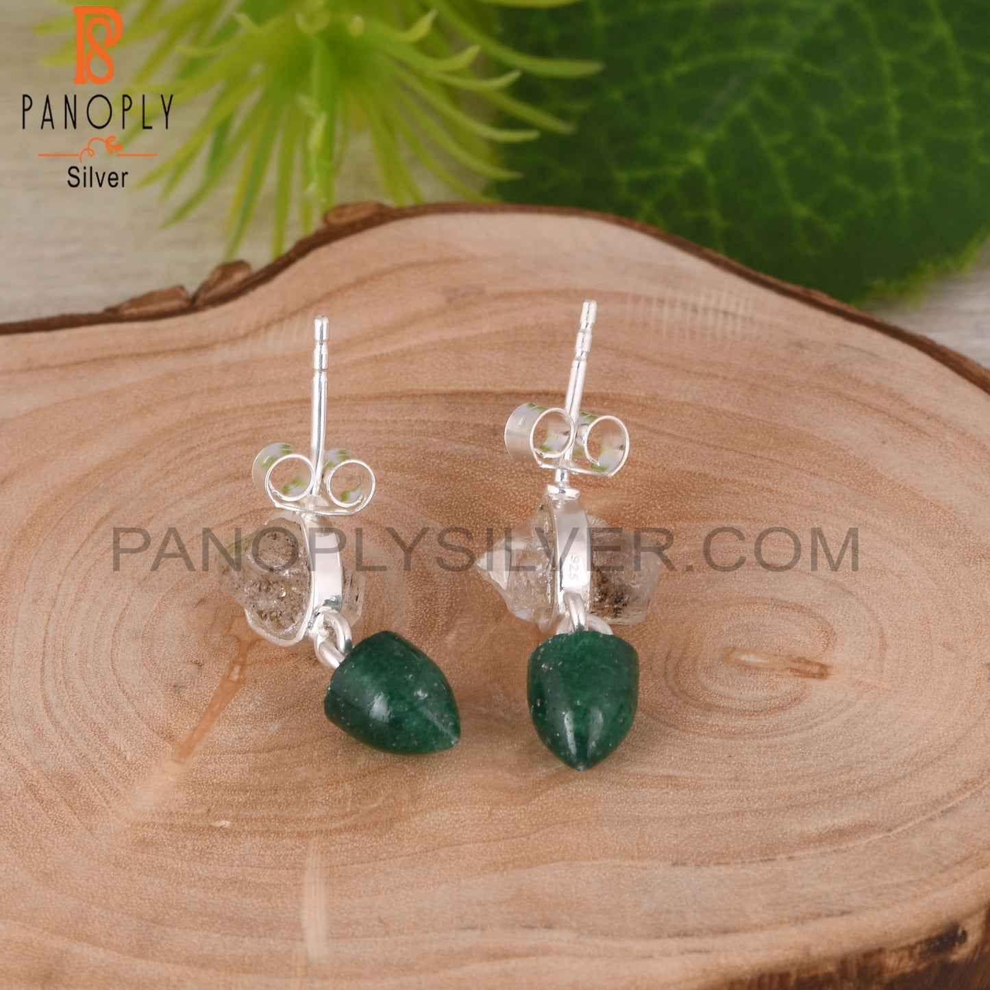Herkimer Diamond & Green Aventurine 925 Silver Earrings