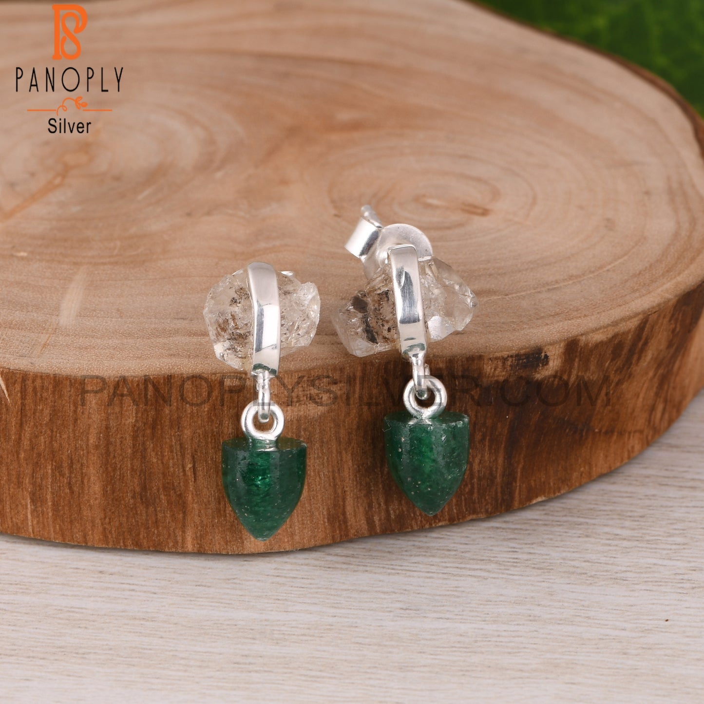 Herkimer Diamond & Green Aventurine 925 Silver Earrings