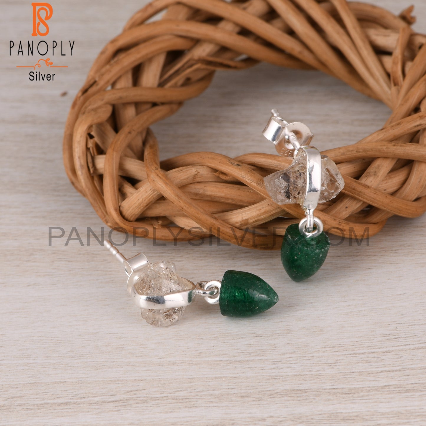 Herkimer Diamond & Green Aventurine 925 Silver Earrings