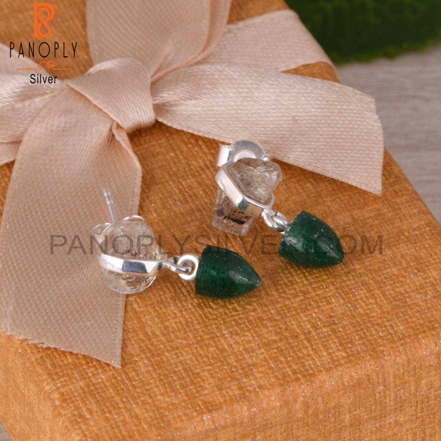 Herkimer Diamond & Green Aventurine 925 Silver Earrings