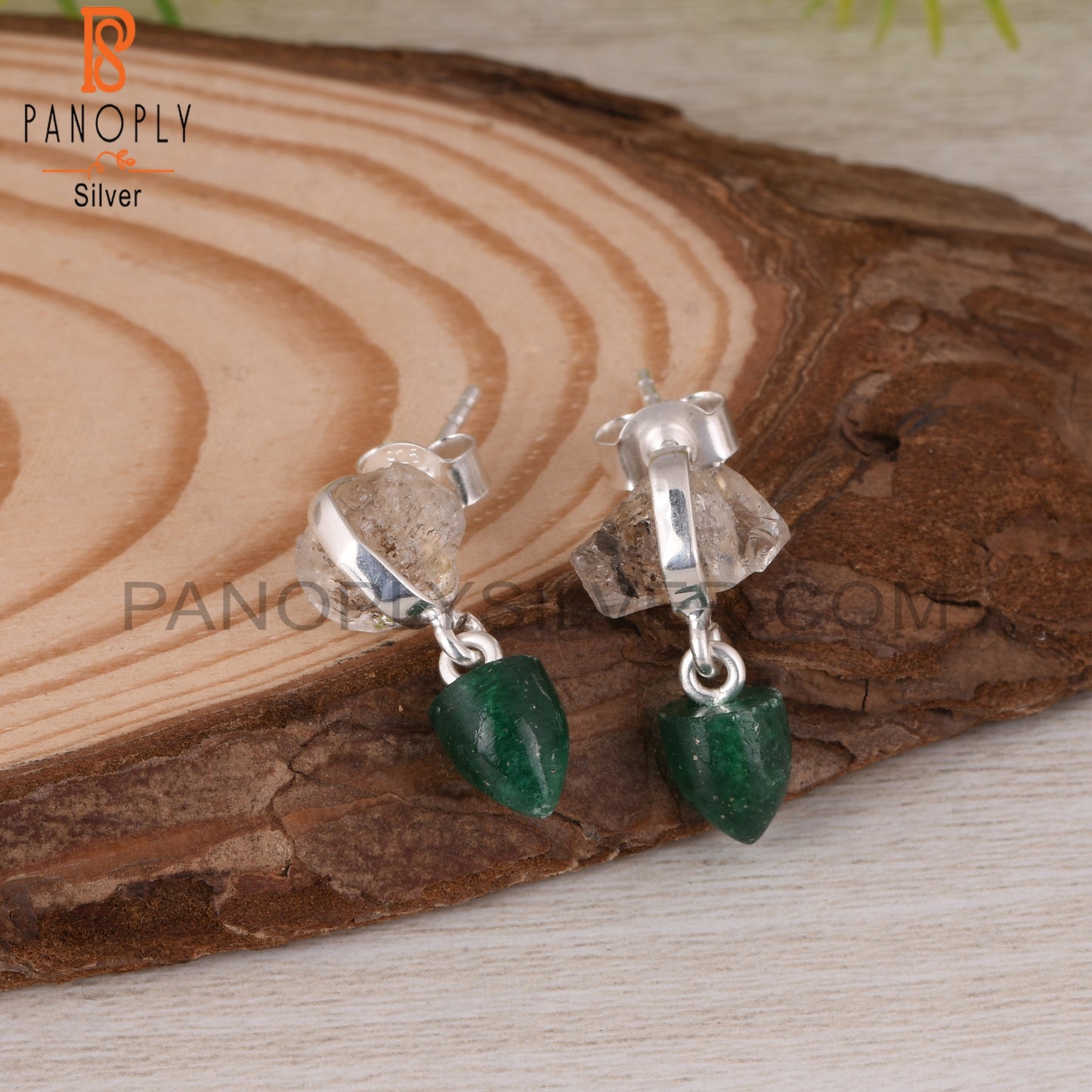 Herkimer Diamond & Green Aventurine 925 Silver Earrings