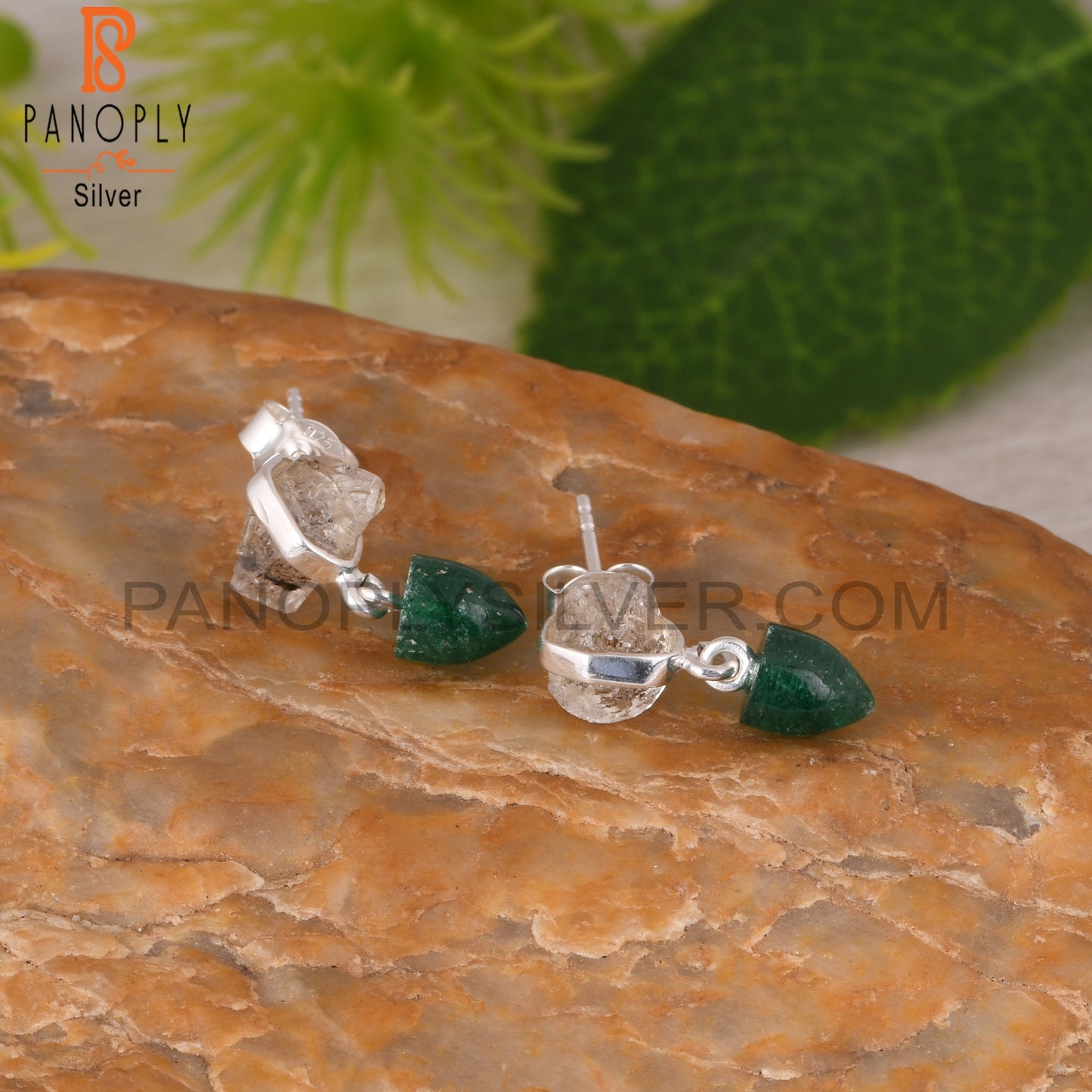 Herkimer Diamond & Green Aventurine 925 Silver Earrings
