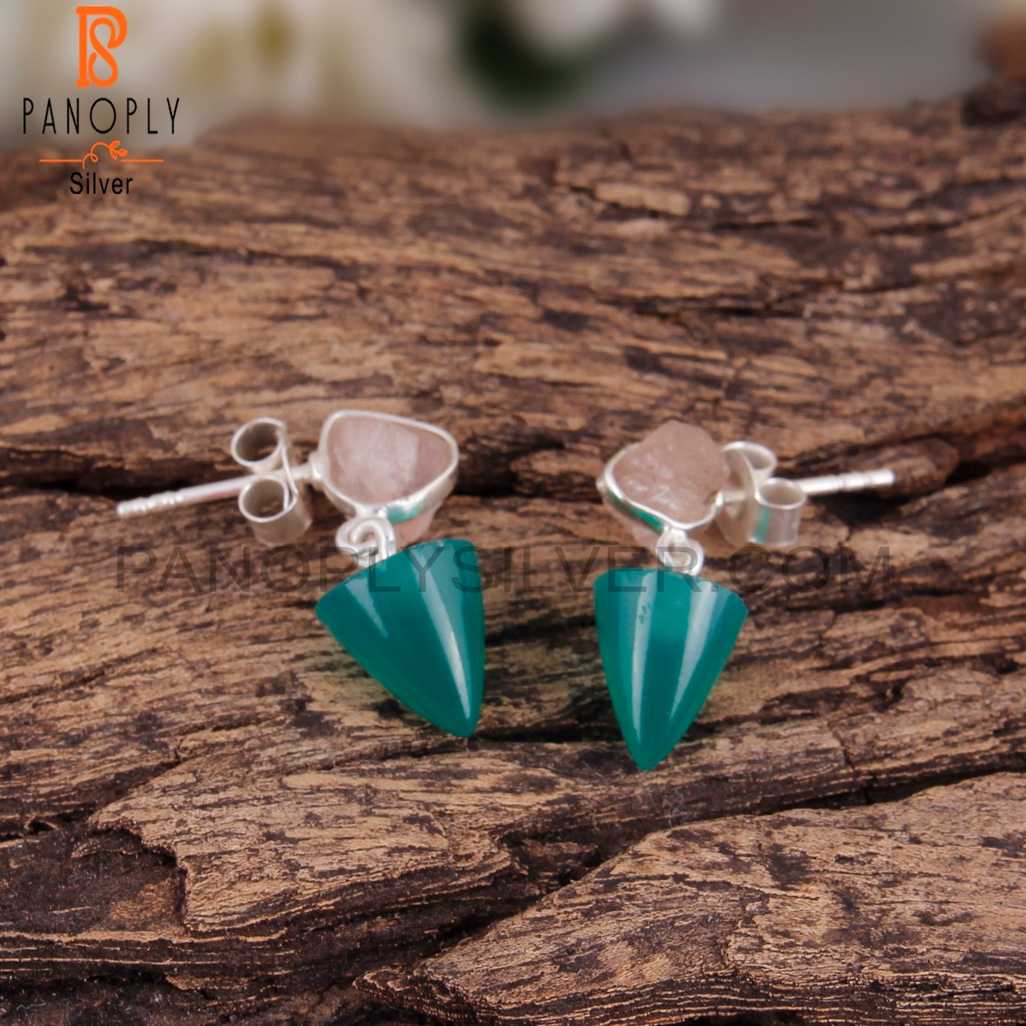 Rose Quartz & Green Onyx 925 Sterling Silver Earrings