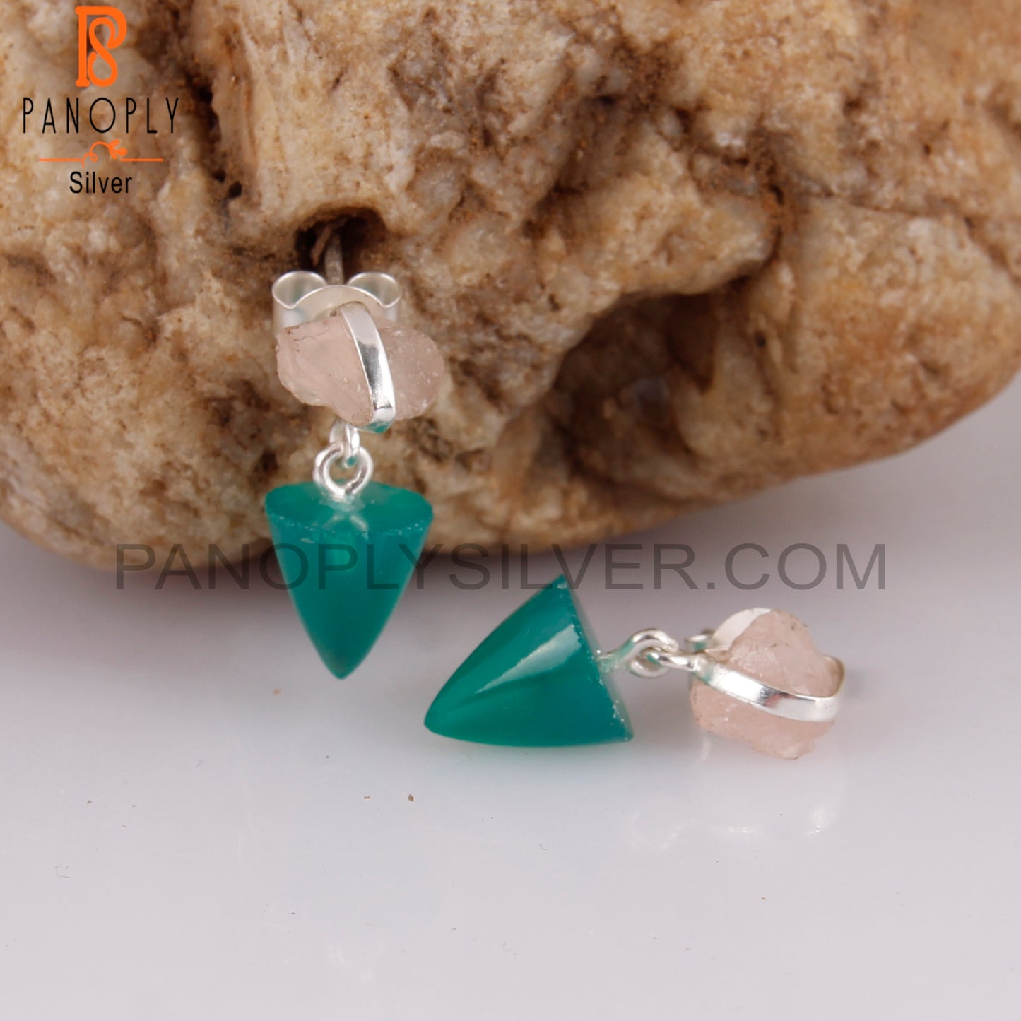 Rose Quartz & Green Onyx 925 Sterling Silver Earrings