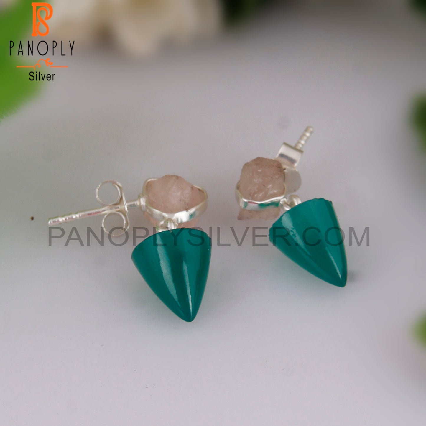 Rose Quartz & Green Onyx 925 Sterling Silver Earrings
