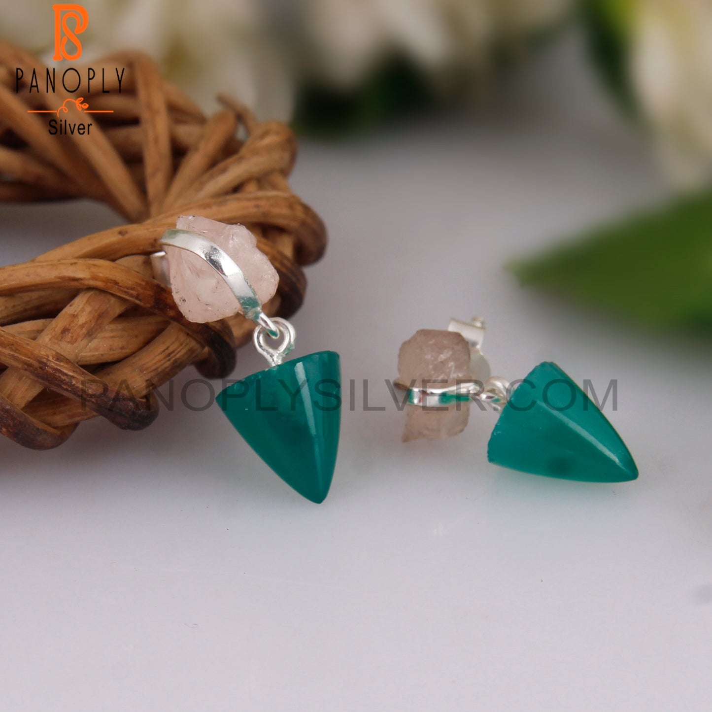 Rose Quartz & Green Onyx 925 Sterling Silver Earrings