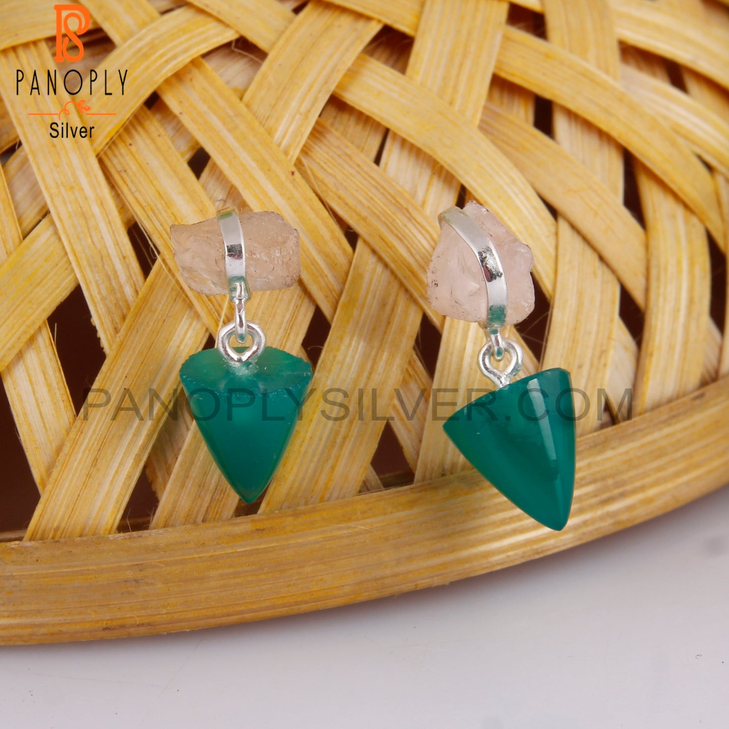 Rose Quartz & Green Onyx 925 Sterling Silver Earrings