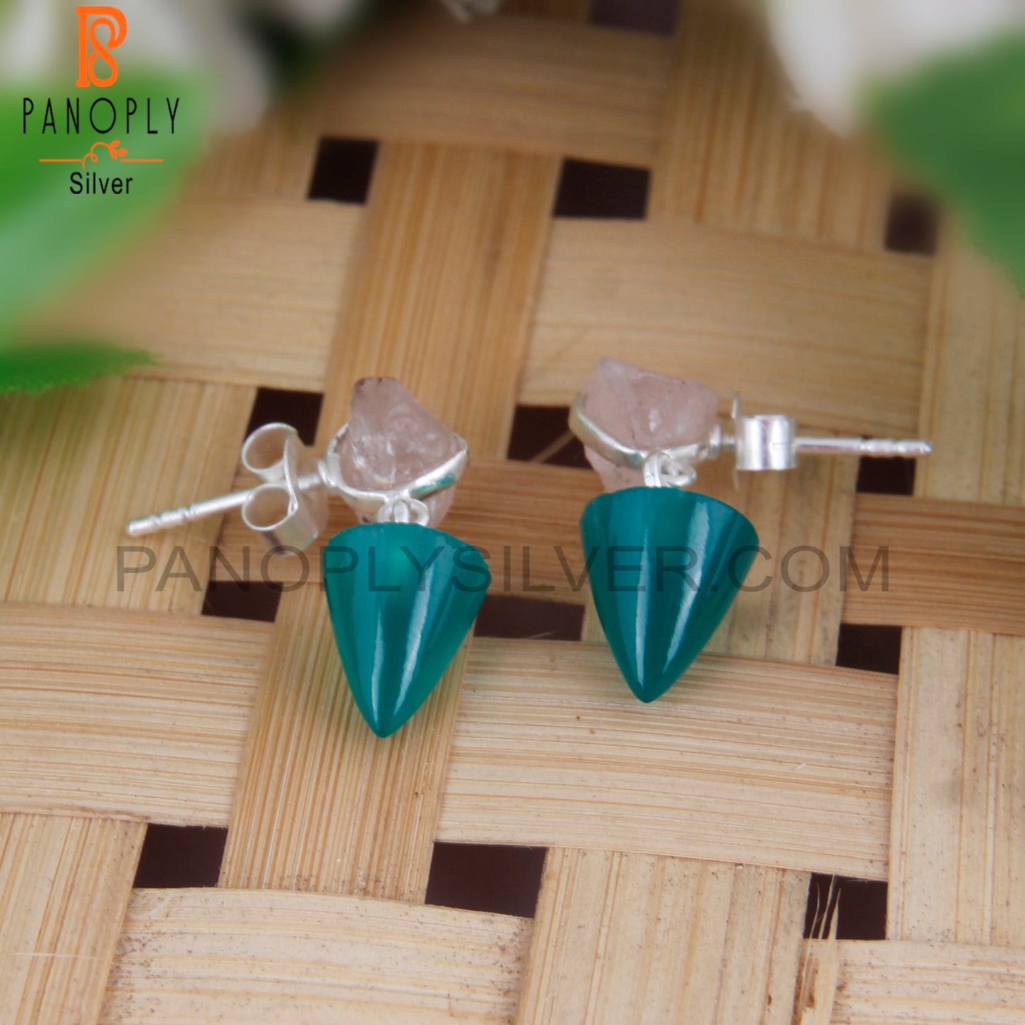 Rose Quartz & Green Onyx 925 Sterling Silver Earrings
