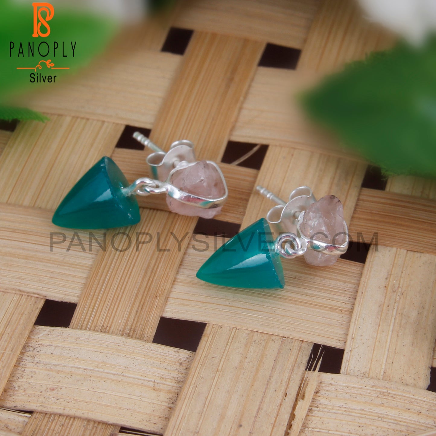 Rose Quartz & Green Onyx 925 Sterling Silver Earrings