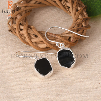 Black Obsidian Rough 925 Sterling Silver Wire Dangle Earrings