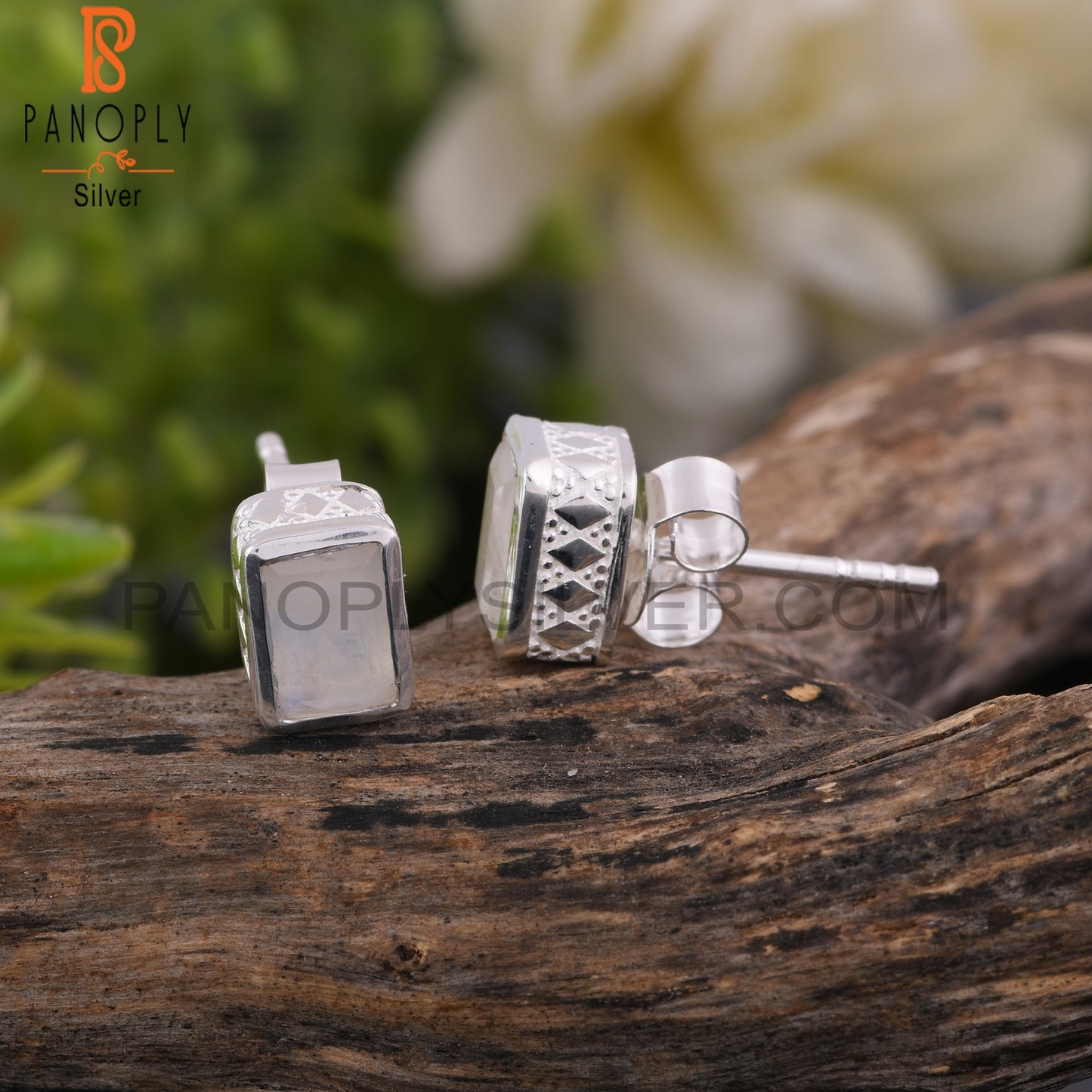 Rainbow Moon Stone Beguette Shape 925 Sterling Silver Earrings
