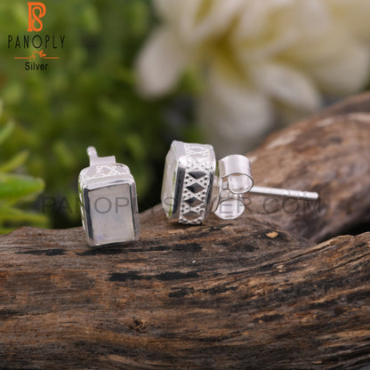 Rainbow Moon Stone Beguette Shape 925 Sterling Silver Earrings