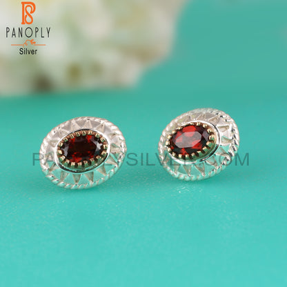 Garnet Oval Shape 925 Sterling Silver Earrings