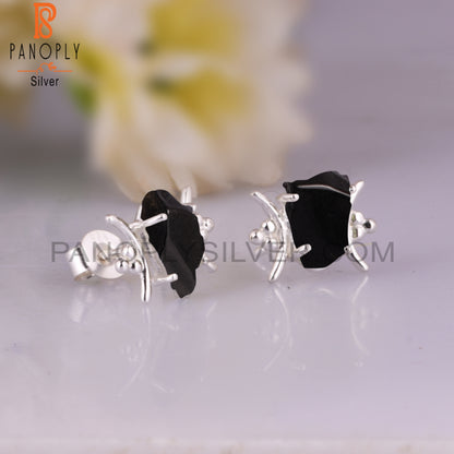 Black Obsidian Rough 925 Sterling Silver Regular Stud Earrings