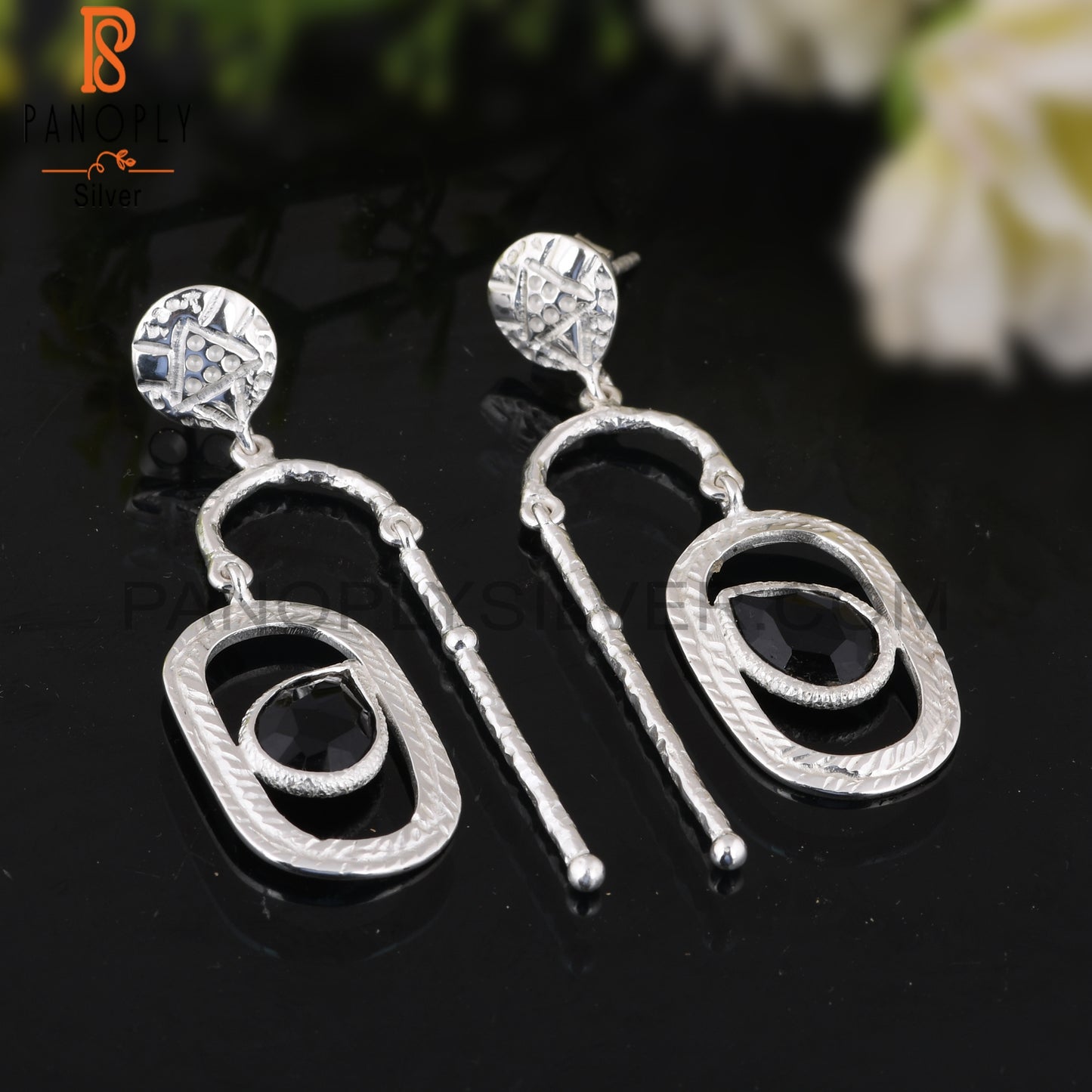 Black Onyx Pear Shape Daily Wear 925 Sterling Silver Earrings