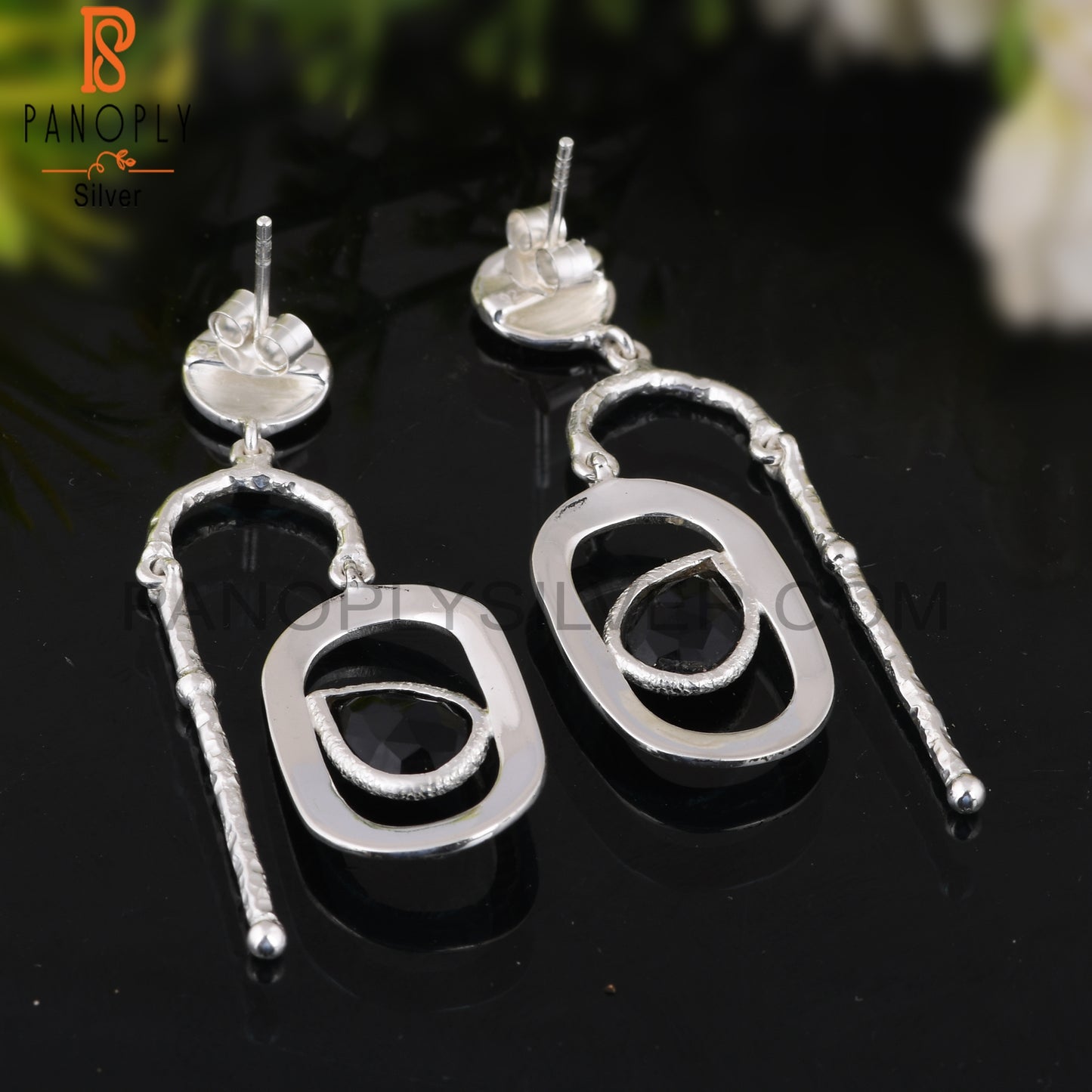 Black Onyx Pear Shape Daily Wear 925 Sterling Silver Earrings