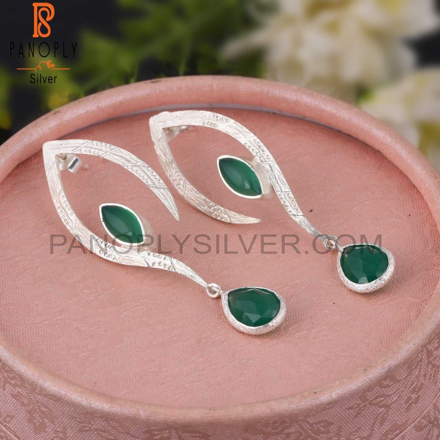 Wedding Green Onyx 925 Sterling Silver Earrings