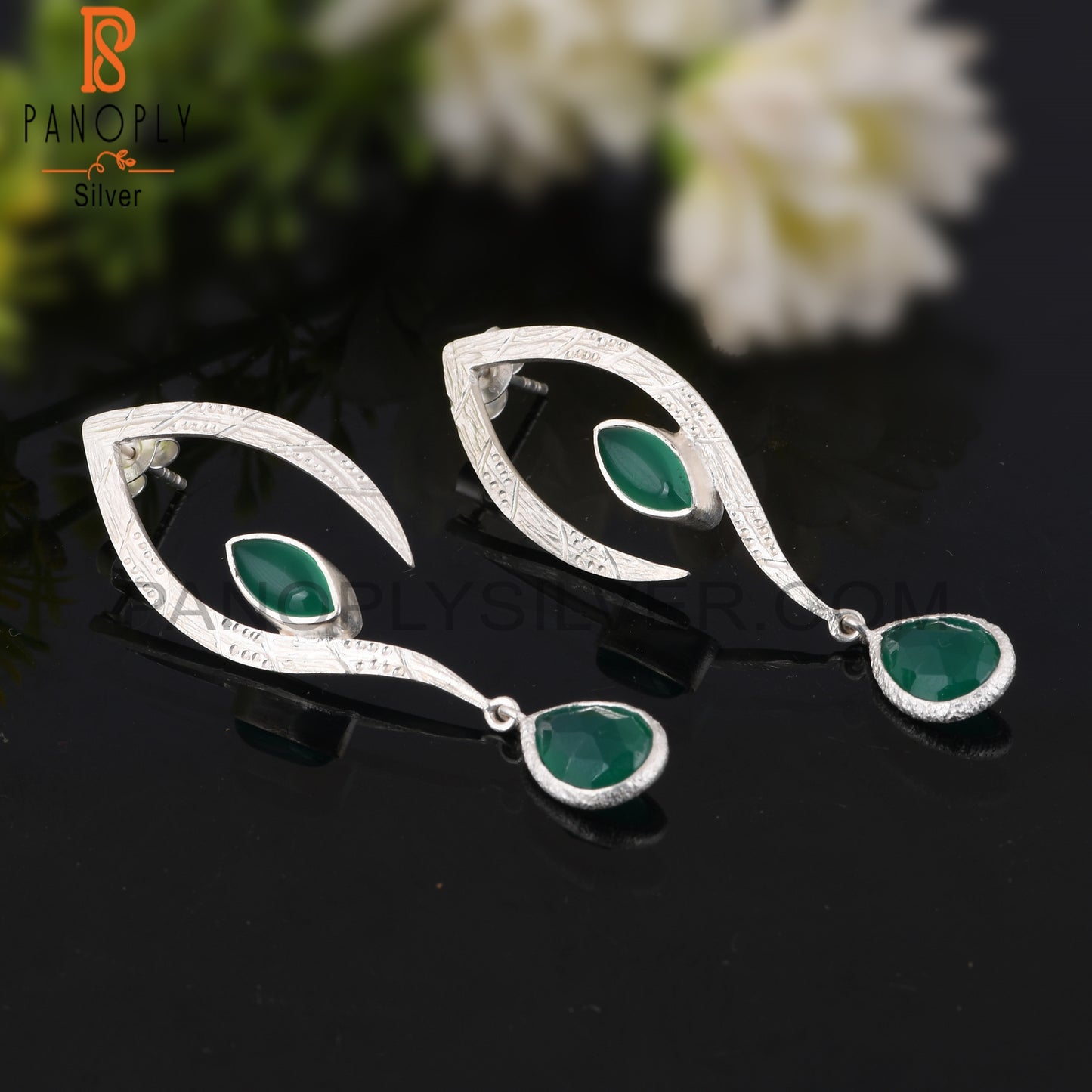 Wedding Green Onyx 925 Sterling Silver Earrings
