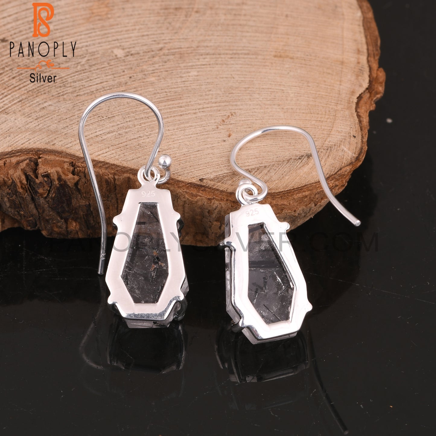 Black Rutile Coffin 925 Sterling Silver Earrings