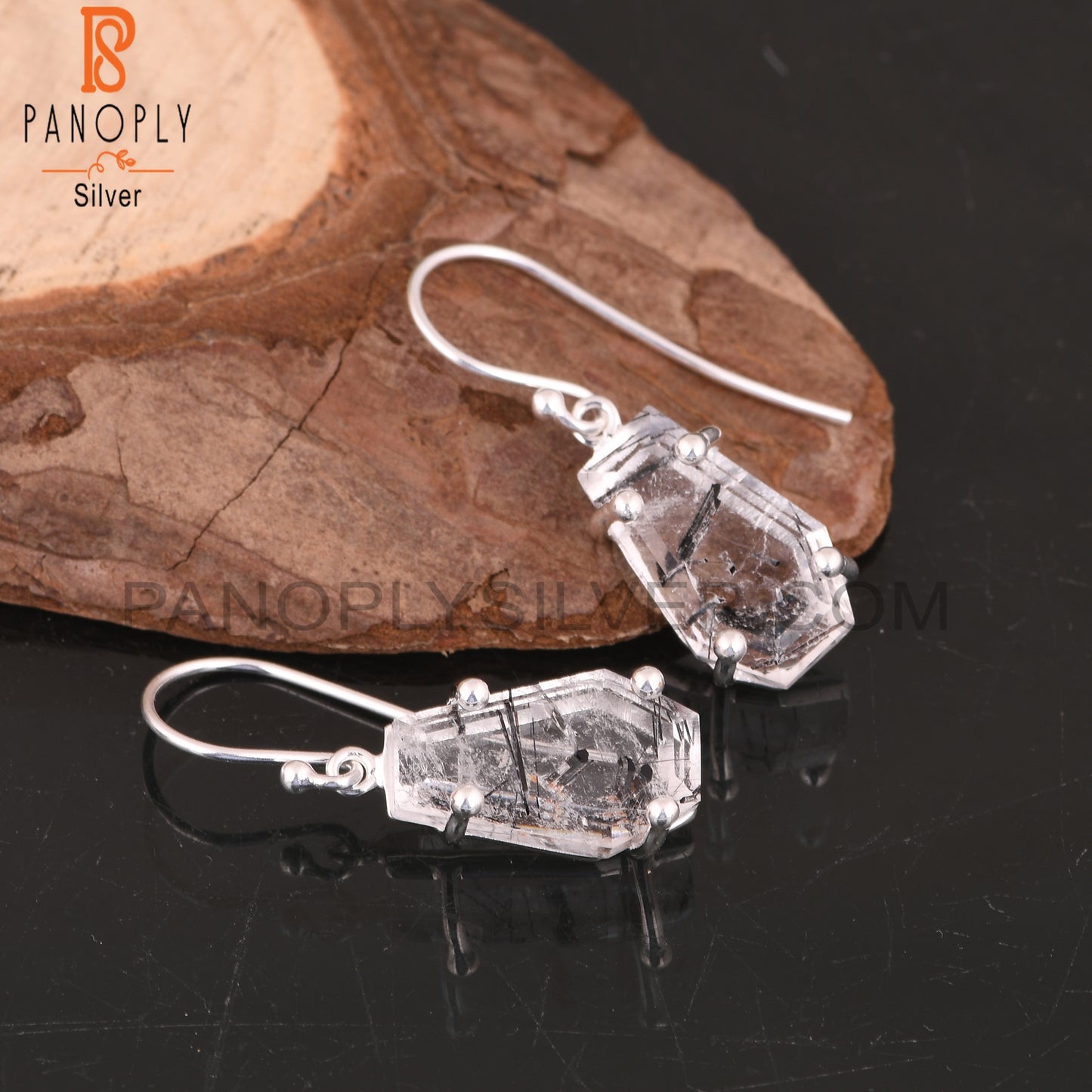 Black Rutile Coffin 925 Sterling Silver Earrings